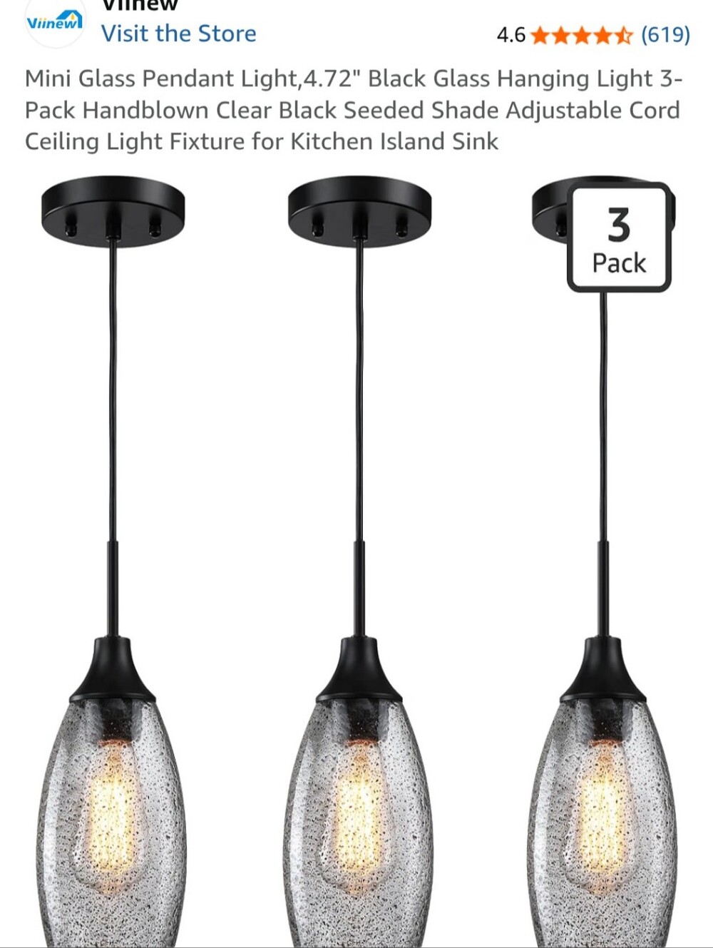 Mini  Glass Pendant Light - Black (3-Pack)